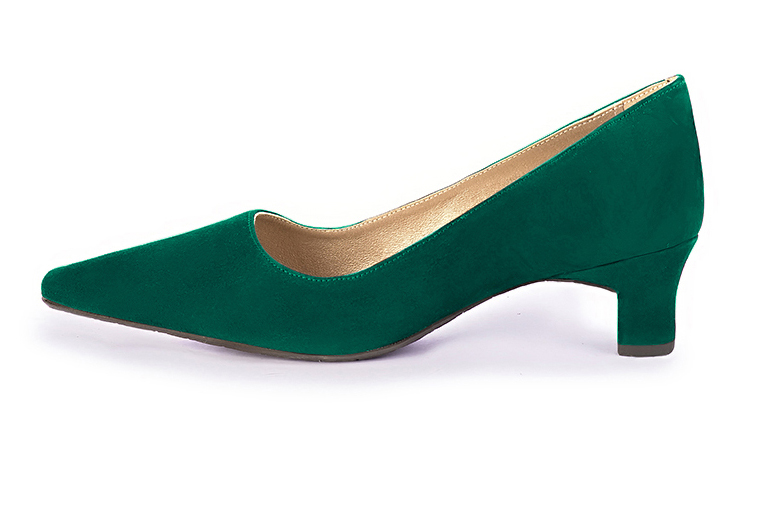 Emerald green women's dress pumps,with a square neckline. Tapered toe. Low kitten heels. Profile view - Florence KOOIJMAN